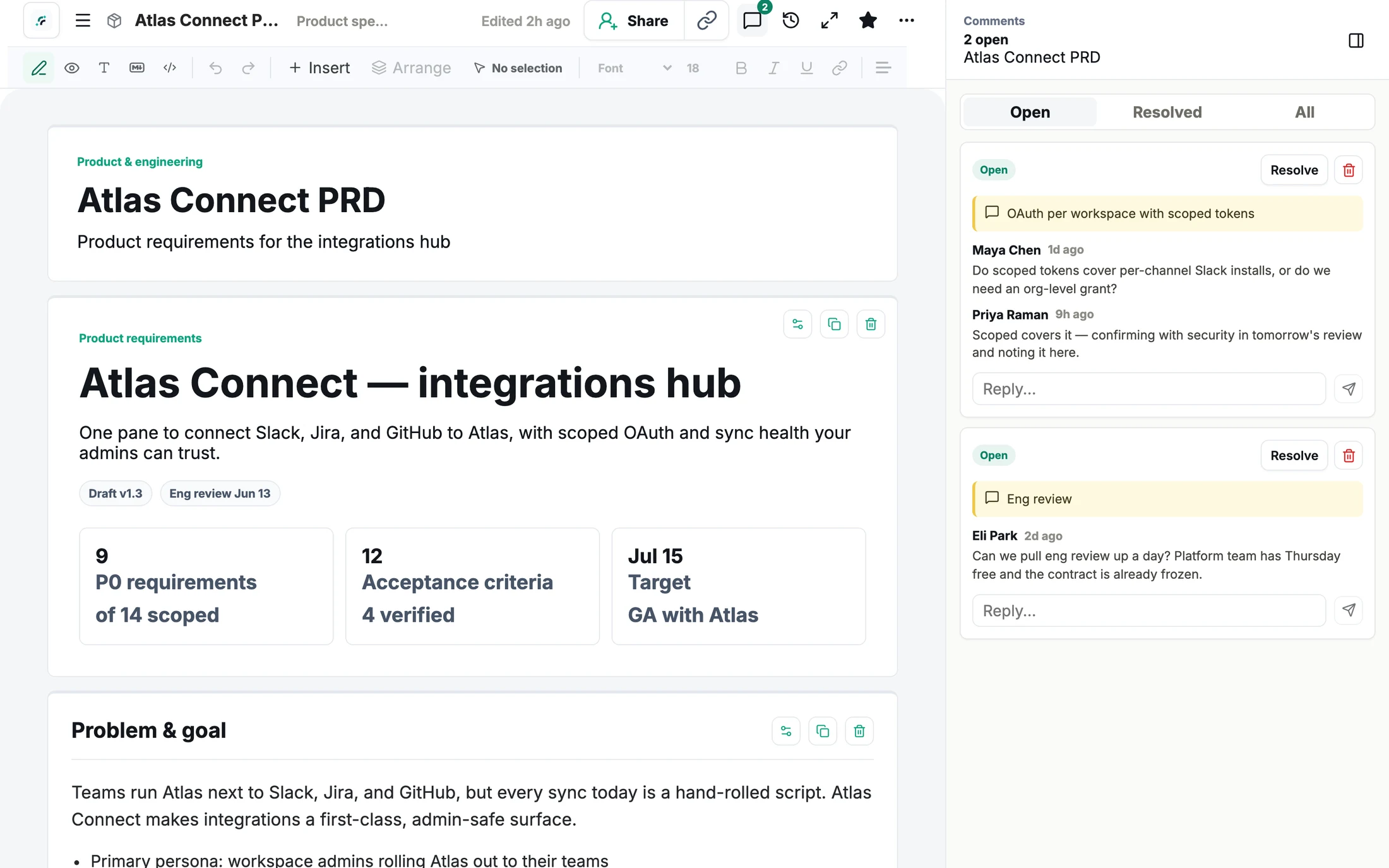 An Artifacto artifact titled Atlas Connect PRD with requirements and milestones, and a comments panel where teammates discuss scoped OAuth tokens